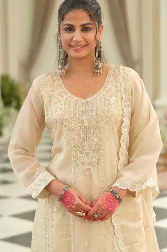 Beige embroidered silk kurta trouser dupatta set