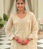 Beige embroidered silk kurta trouser dupatta set