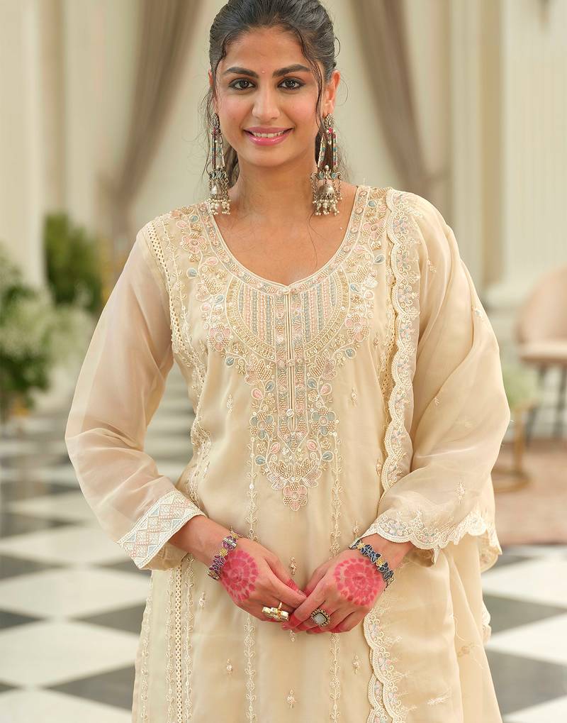 Beige embroidered silk kurta trouser dupatta set
