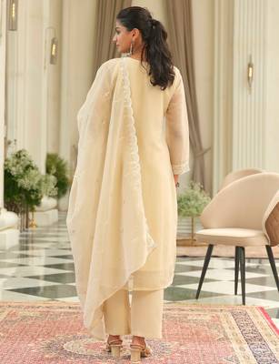 Beige embroidered silk kurta trouser dupatta set 2