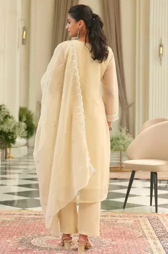 Beige embroidered silk kurta trouser dupatta set