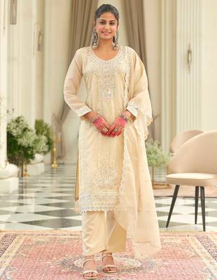 Beige embroidered silk kurta trouser dupatta set 3