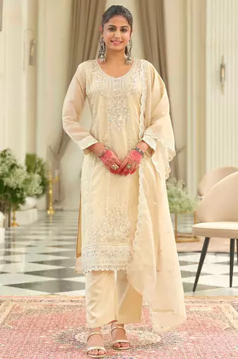 Beige embroidered silk kurta trouser dupatta set