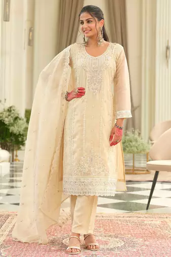 Beige embroidered silk kurta trouser dupatta set