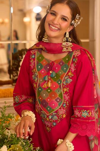 Pink embroidered silk kurta trouser dupatta set