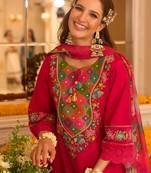Pink embroidered silk kurta trouser dupatta set
