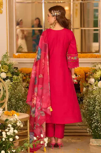 Pink embroidered silk kurta trouser dupatta set