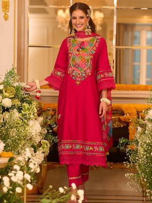 Pink embroidered silk kurta trouser dupatta set 3