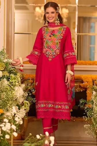 Pink embroidered silk kurta trouser dupatta set