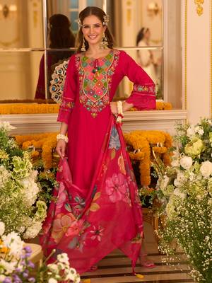 Pink embroidered silk kurta trouser dupatta set 4