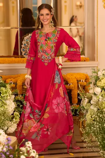 Pink embroidered silk kurta trouser dupatta set