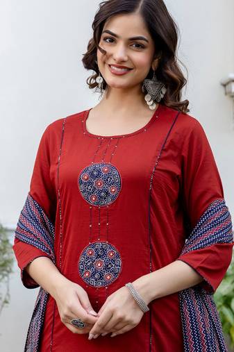 Orange printed pure cotton kurta trouser dupatta set