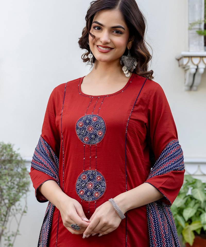 Orange printed pure cotton kurta trouser dupatta set