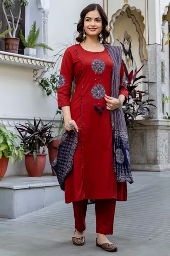 Orange printed pure cotton kurta trouser dupatta set