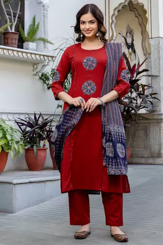 Orange printed pure cotton kurta trouser dupatta set