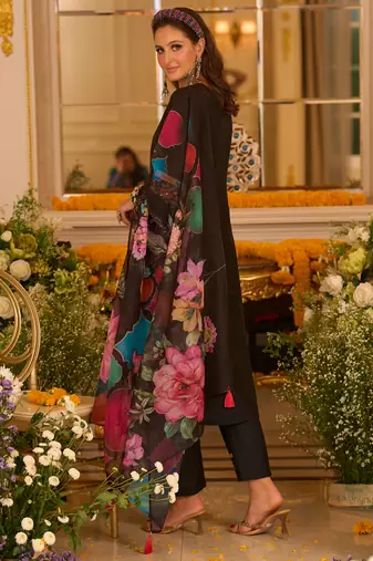 Black embroidered silk kurta trouser dupatta set