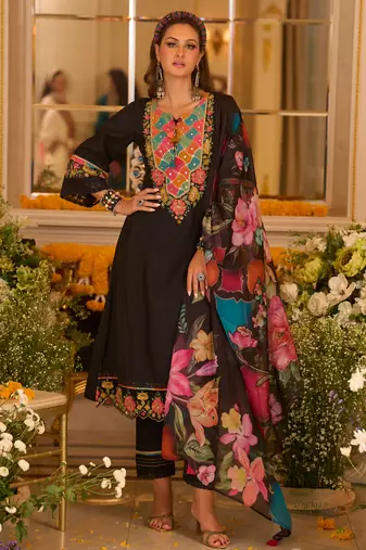 Black embroidered silk kurta trouser dupatta set