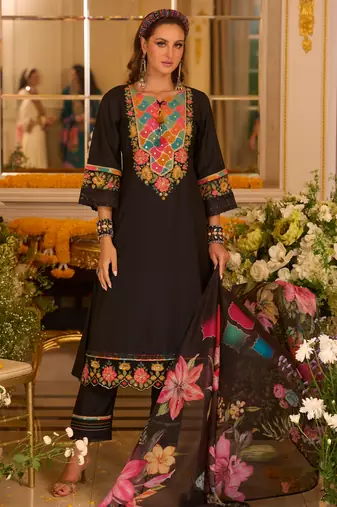 Black embroidered silk kurta trouser dupatta set