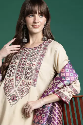Beige embroidered viscose rayon kurta trouser dupatta set