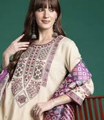 Beige embroidered viscose rayon kurta trouser dupatta set
