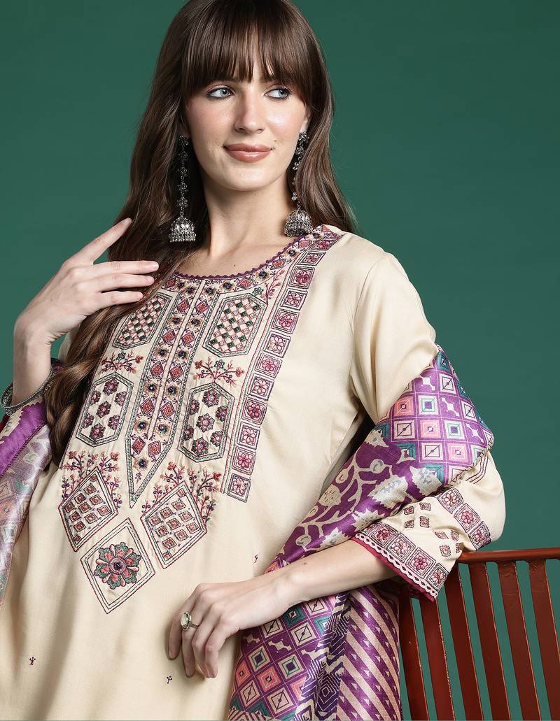 Beige embroidered viscose rayon kurta trouser dupatta set