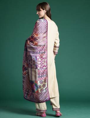 Beige embroidered viscose rayon kurta trouser dupatta set 2