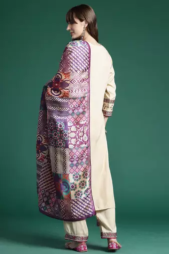 Beige embroidered viscose rayon kurta trouser dupatta set