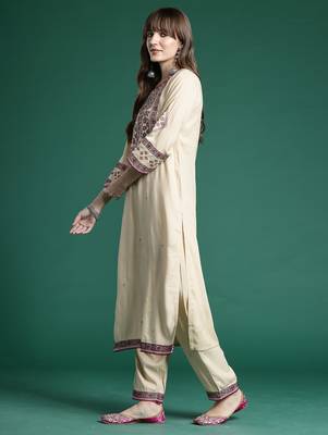 Beige embroidered viscose rayon kurta trouser dupatta set 3