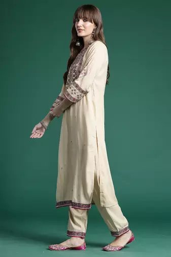 Beige embroidered viscose rayon kurta trouser dupatta set