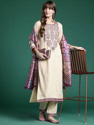 Beige embroidered viscose rayon kurta trouser dupatta set 4