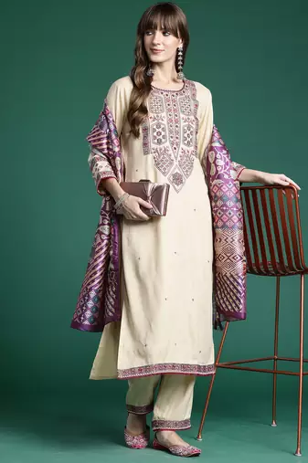 Beige embroidered viscose rayon kurta trouser dupatta set