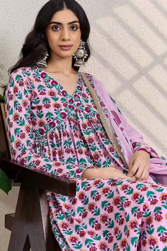 Pink printed pure cotton kurta trouser dupatta set