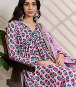 Pink printed pure cotton kurta trouser dupatta set