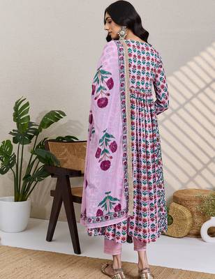 Pink printed pure cotton kurta trouser dupatta set 2