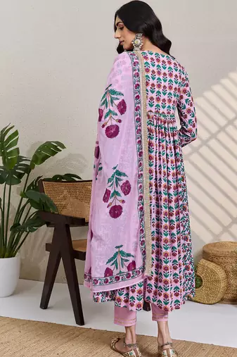 Pink printed pure cotton kurta trouser dupatta set