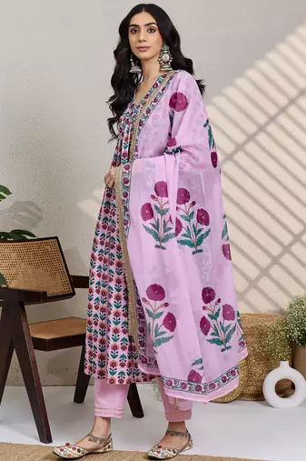 Pink printed pure cotton kurta trouser dupatta set