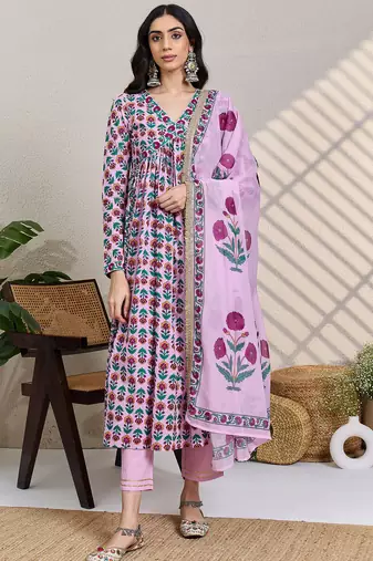 Pink printed pure cotton kurta trouser dupatta set