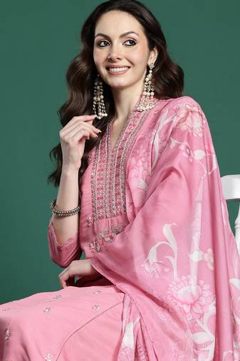 Pink embroidered silk kurta trouser dupatta set