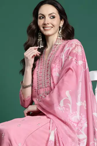 Pink embroidered silk kurta trouser dupatta set