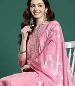 Pink embroidered silk kurta trouser dupatta set