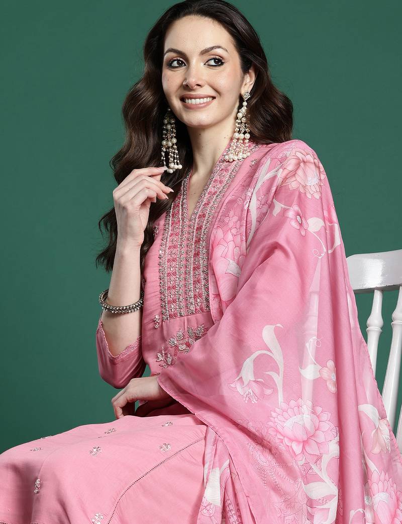Pink embroidered silk kurta trouser dupatta set