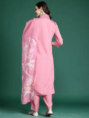 Pink embroidered silk kurta trouser dupatta set 2