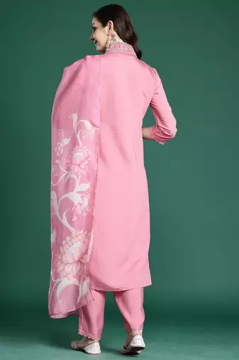 Pink embroidered silk kurta trouser dupatta set