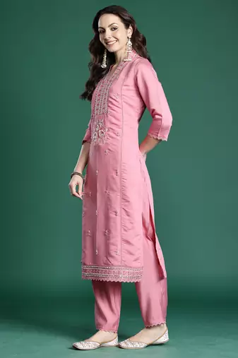 Pink embroidered silk kurta trouser dupatta set