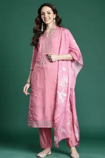 Pink embroidered silk kurta trouser dupatta set