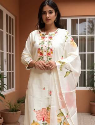 Off white embroidered pure cotton kurta trouser dupatta set 1