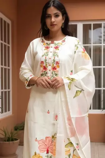 Off white embroidered pure cotton kurta trouser dupatta set