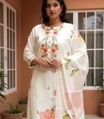Off white embroidered pure cotton kurta trouser dupatta set