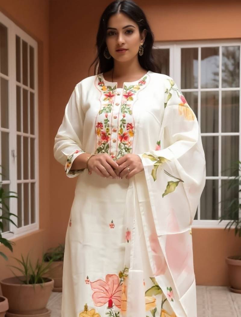 Off white embroidered pure cotton kurta trouser dupatta set