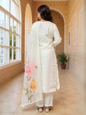 Off white embroidered pure cotton kurta trouser dupatta set 2